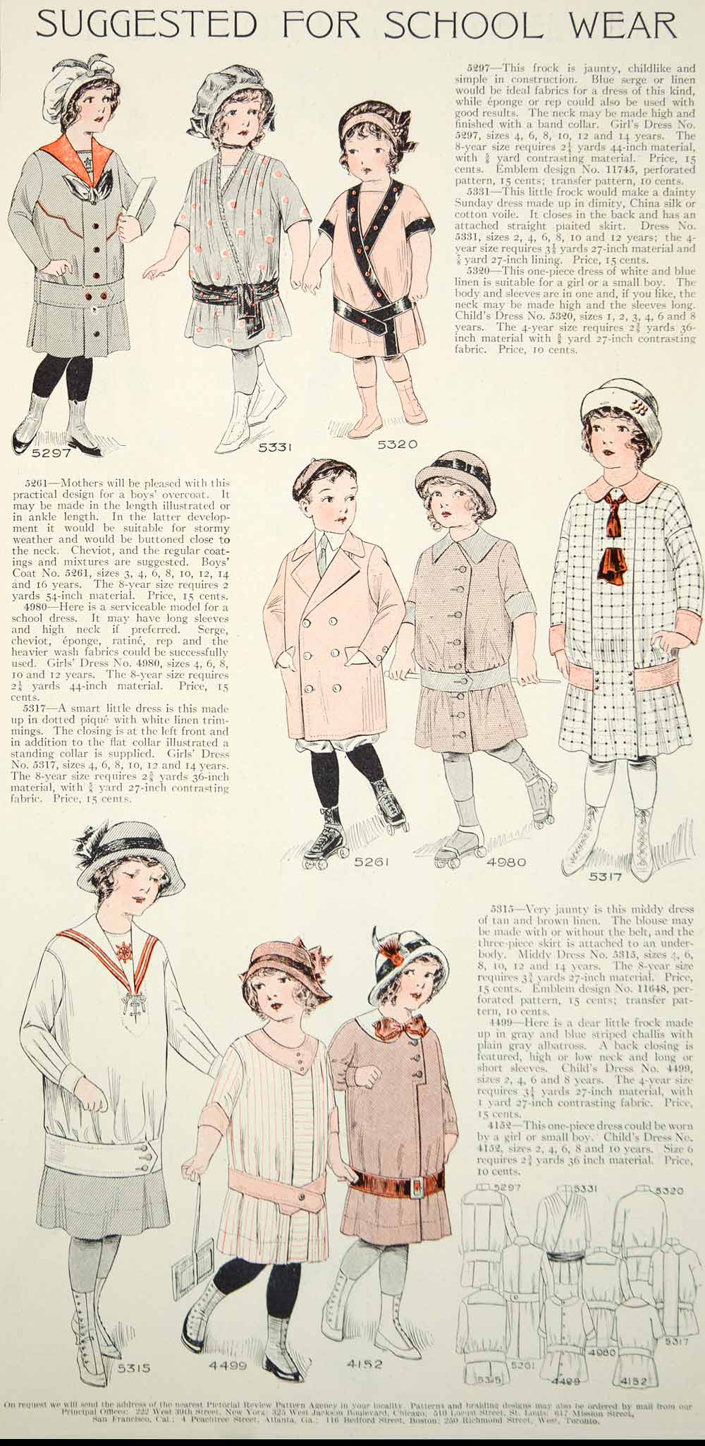 1913 Color Print Edwardian Fashion Illustrations Children School Dress Girl Boy