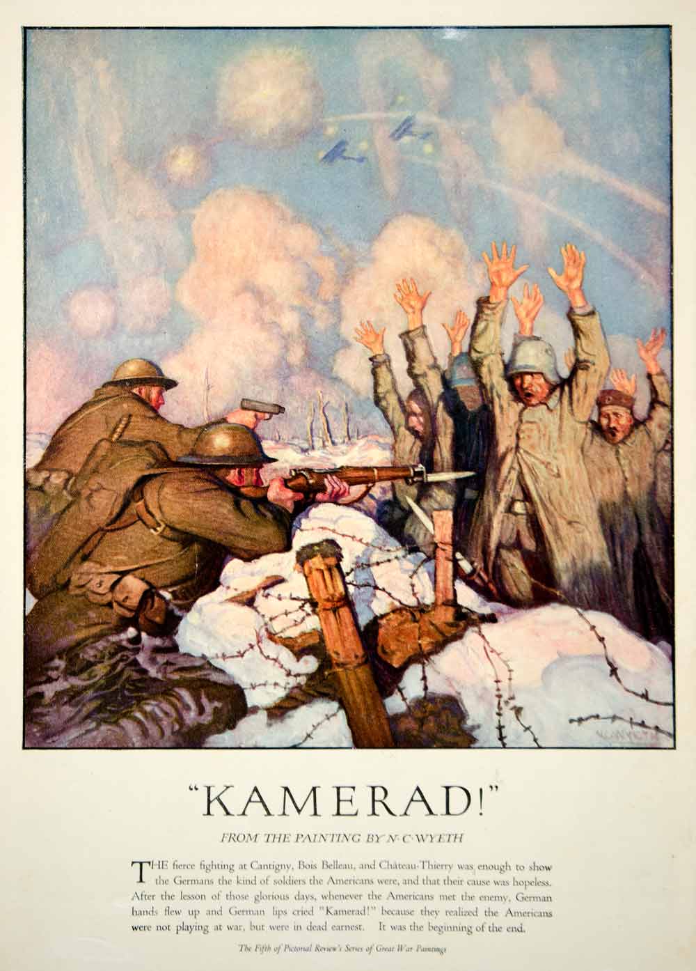 1919 Color Print N.C. Wyeth Art WWI German Soldiers Surrendering American Trench