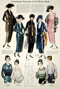 1919 Color Print Fashion Illustrations Flapper Era Women Dress Coat Blouses Hat