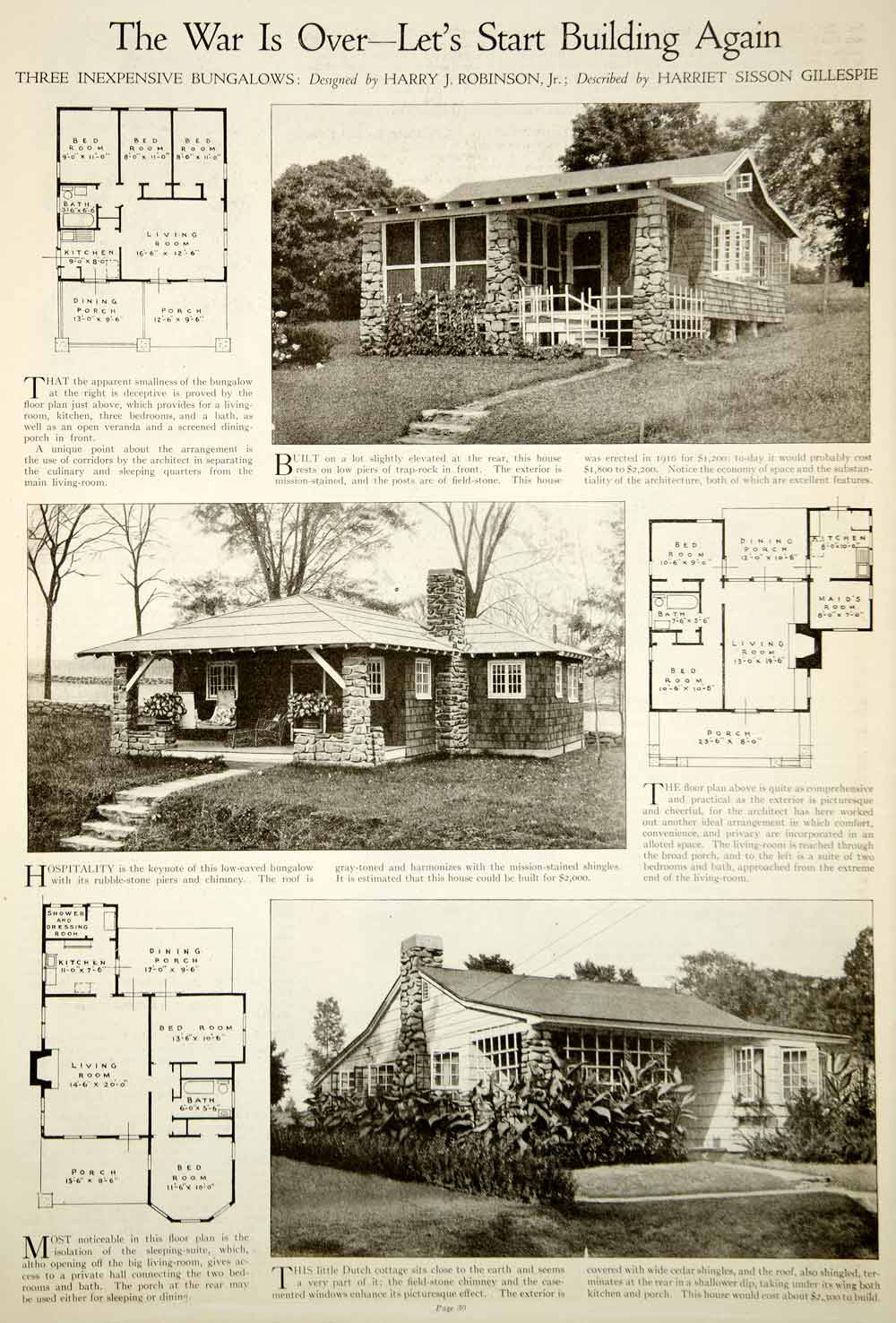 1919 Print Bungalow Home Architectural Design Floor Plans Harry J. Robinson Jr.