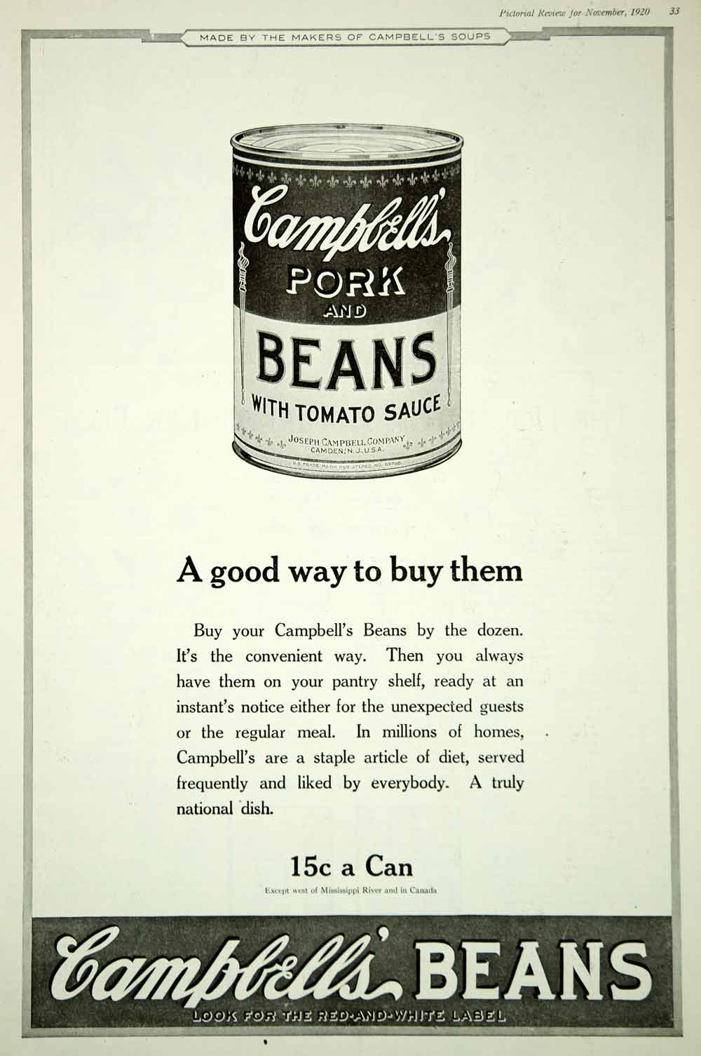 1920 Ad Vintage Campbell's Pork Beans Tomato Sauce Can Canned Food Nutrition