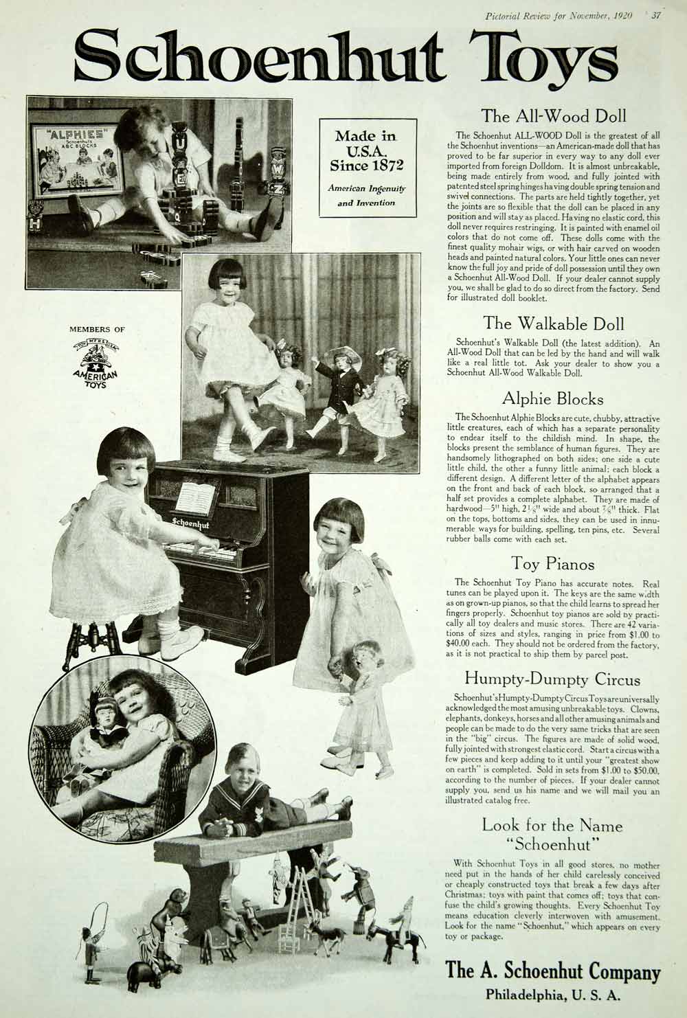 1920 Ad Vintage Schoenhut Toys Children Walking Doll Piano Humpty-Dumpty Circus
