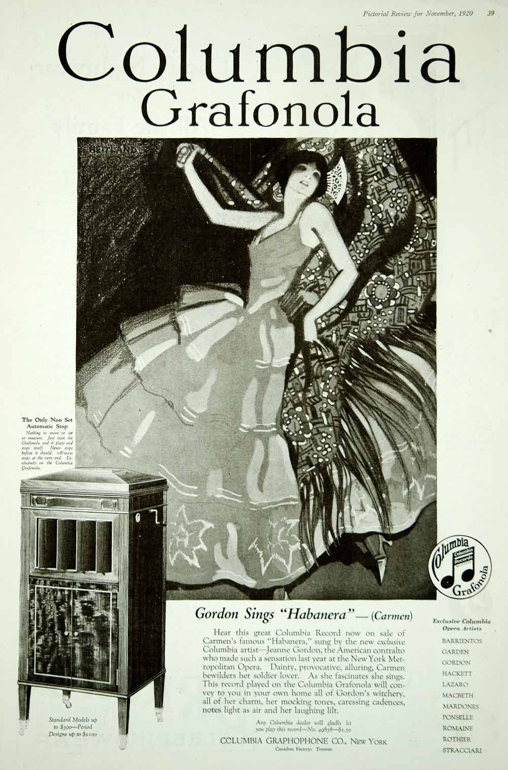 1920 Ad Vintage Columbia Grafonola Jeanne Gordon Singer Opera Carmen Phonograph