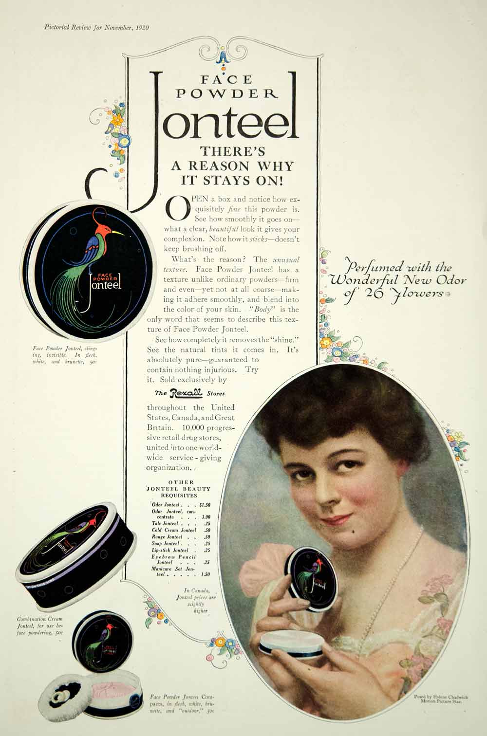 1920 Ad Vintage Jonteel Face Powder Cosmetic Helene Chadwick Silent Film Actress