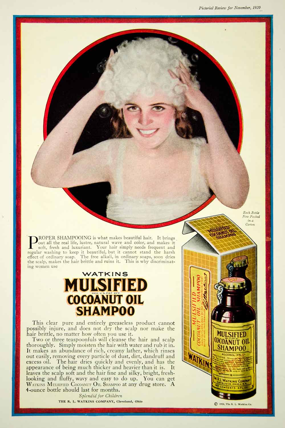 1920 Ad Vintage Watkins Mulsified Cocoanut Oil Shampoo Hair Care Cleveland Ohio