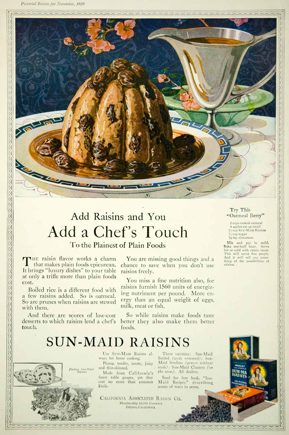 1920 Ad Vintage Sun-Maid Raisins Recipe Oatmeal Betty Illustration Food Dessert