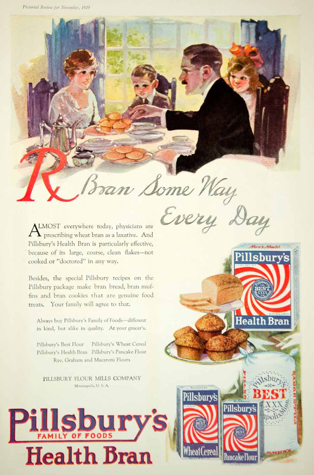 1920 Ad Vintage Pillsbury's Health Bran Baking Flour Laxative Diet Food Family
