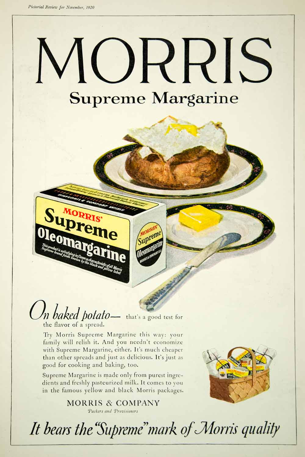 1920 Ad Vintage Morris Margarine Oleomargarine Imitation Butter Baked Potato