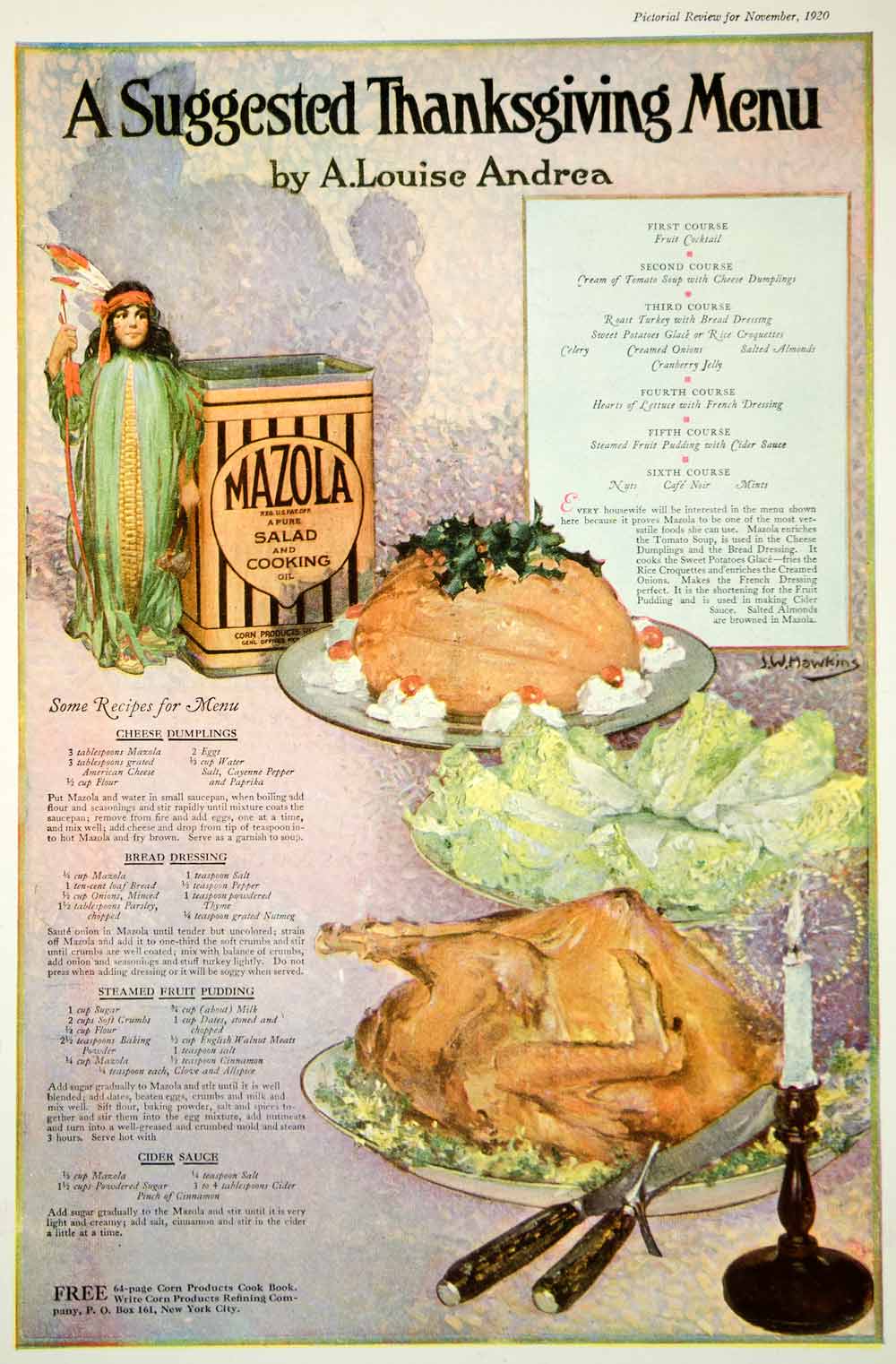1920 Ad Mazola Corn Oil Thanksgiving Menu Recipes Turkey Pudding J W Hawkins Art
