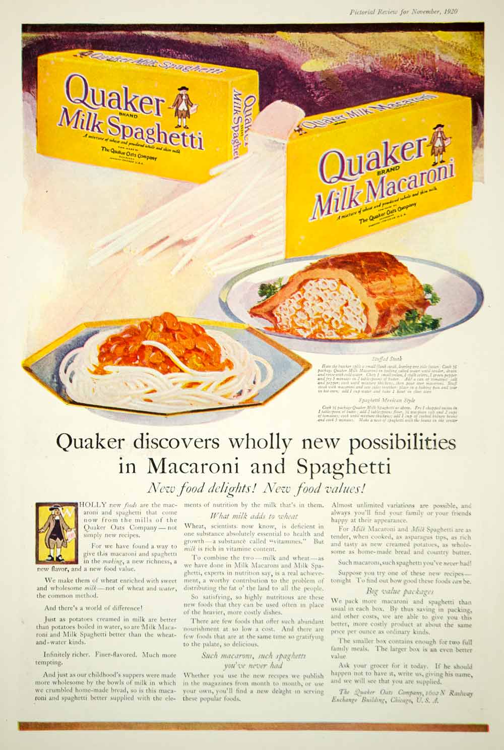 1920 Ad Vintage Quaker Oats Brand Milk Spaghetti Macaroni Recipe Pasta Trademark
