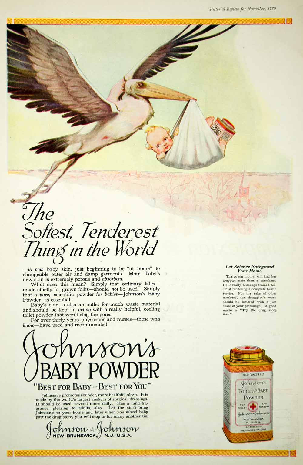 1920 Ad Vintage Johnson's Toilet Baby Powder Stork Carrying Infant Skin Care - Period Paper
