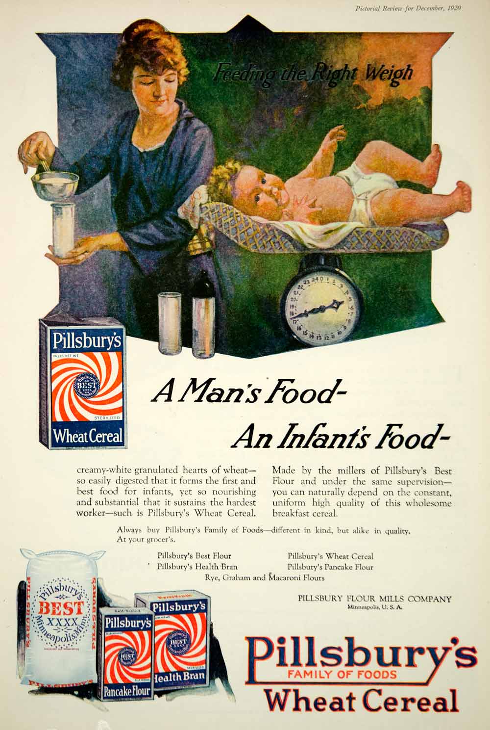 1920 Ad Vintage Pillsbury's Wheat Cereal Infant Baby Food Weighing Scale Mother