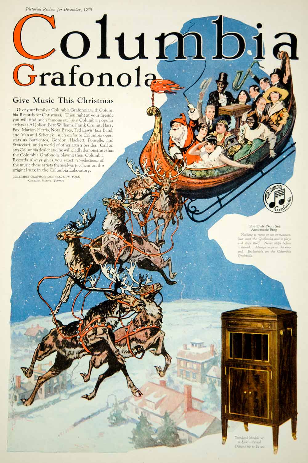1920 Ad Columbia Records Grafonola Vintage Santa Claus Sleigh Reindeer Christmas