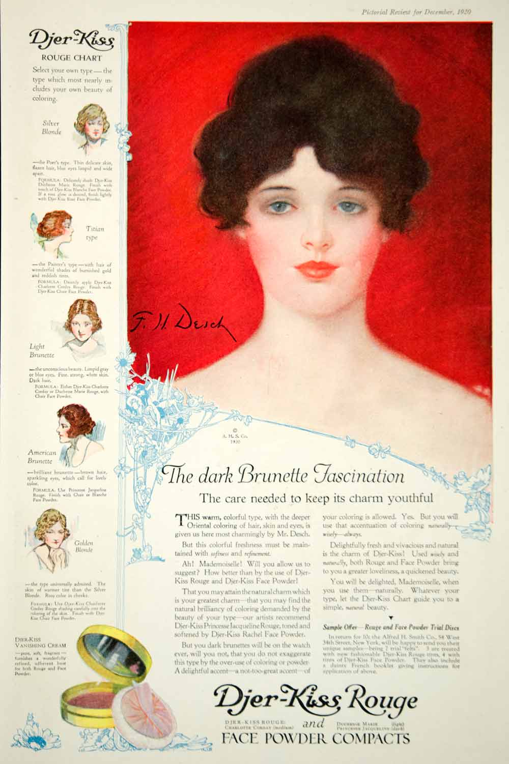 1920 Ad Vintage Djer-Kiss Rouge Face Powder Cosmetics Frank H Desch Illustration