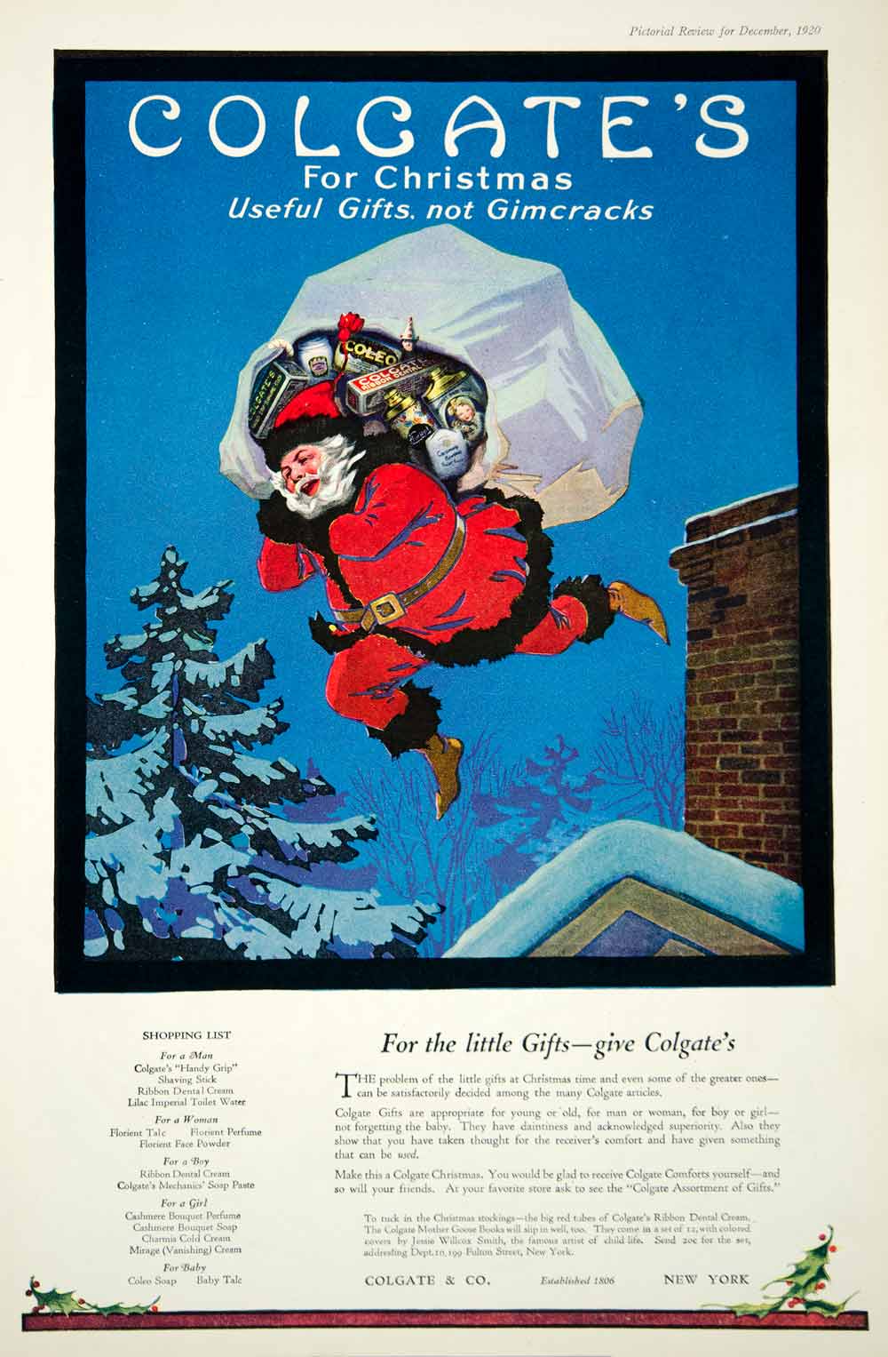 1920 Ad Vintage Santa Claus Christmas Stocking Gifts Rooftop Colgate Products