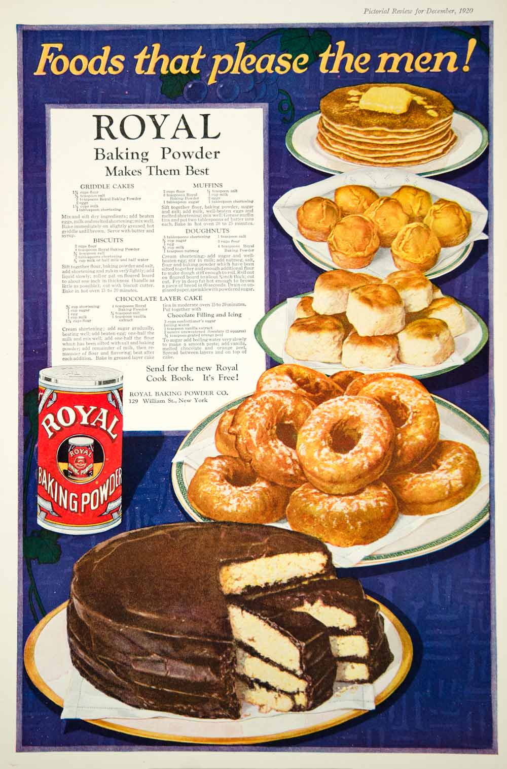 1920 Ad Vintage Royal Baking Powder Recipes Pancakes Muffins Biscuits Doughnuts