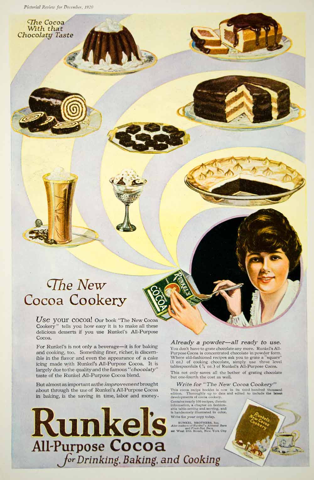 1920 Ad Vintage Runkel's Cocoa Baking Chocolate Cooking Desserts Beverage Drink