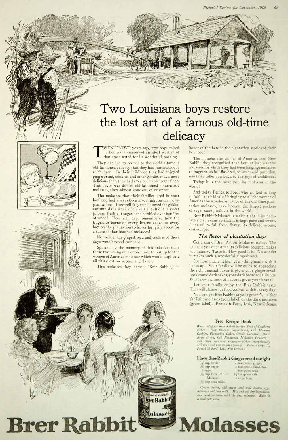 1920 Ad Brer Rabbit Molasses Sweetener History Black Americana Penick & Ford Can - Period Paper
