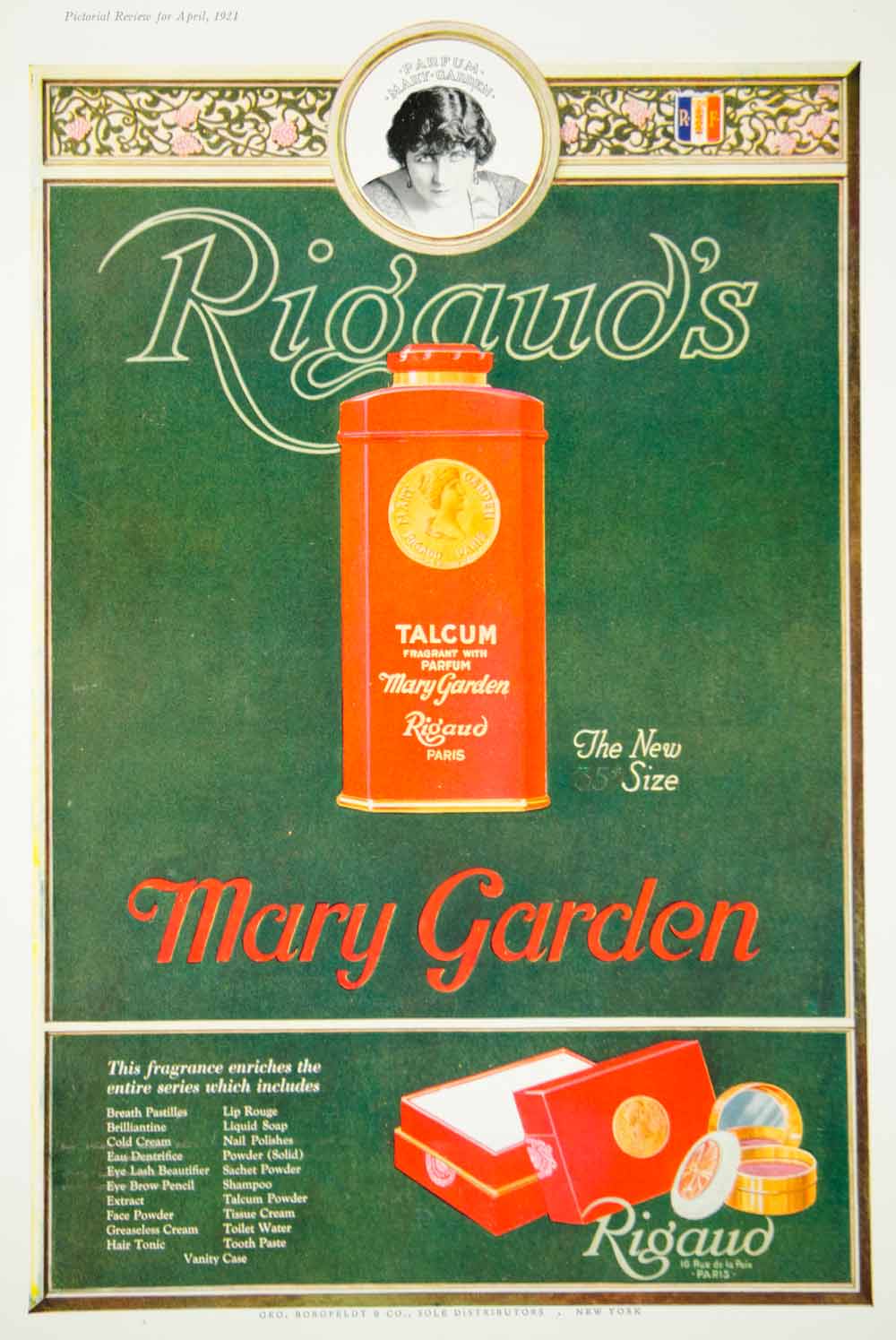 1921 Ad Vintage Mary Garden Talcum Powder Parfum French Perfume Rigaud Cosmetics