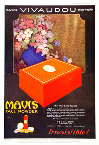 1921 Ad Vintage Vivaudou Mavis Face Powder Talcum Cosmetic Fred L. Parker Art