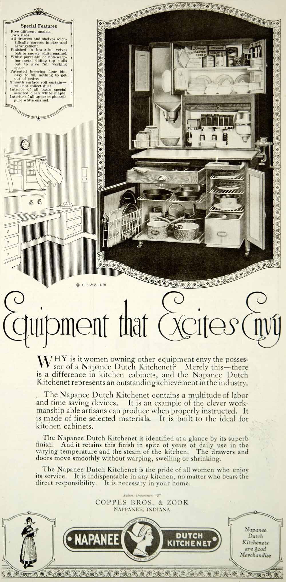 1920 Ad Napanee Dutch Kitchenet Coppes Bros. & Zook Indiana Kitchen Equipment