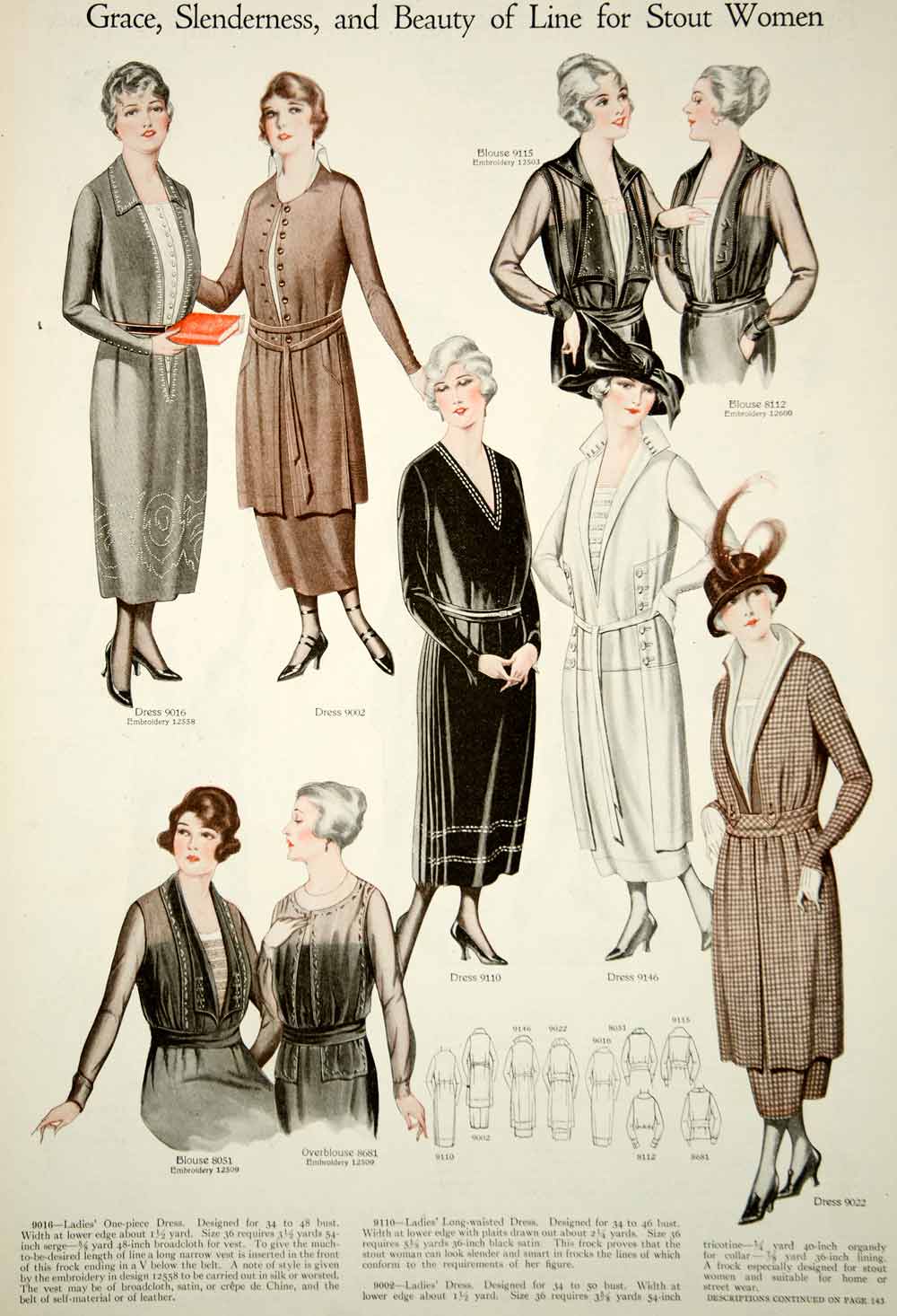 1920 Color Print 1920's Fashion Illustrations Stout Women Big Dresses Blouses