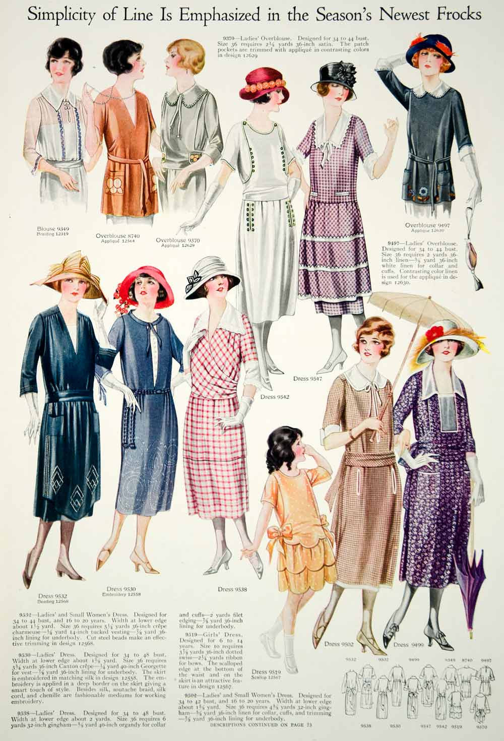 1921 Color Print 1920's Flapper Fashion Illustrations Summer Dresses Women Hats - Period Paper
