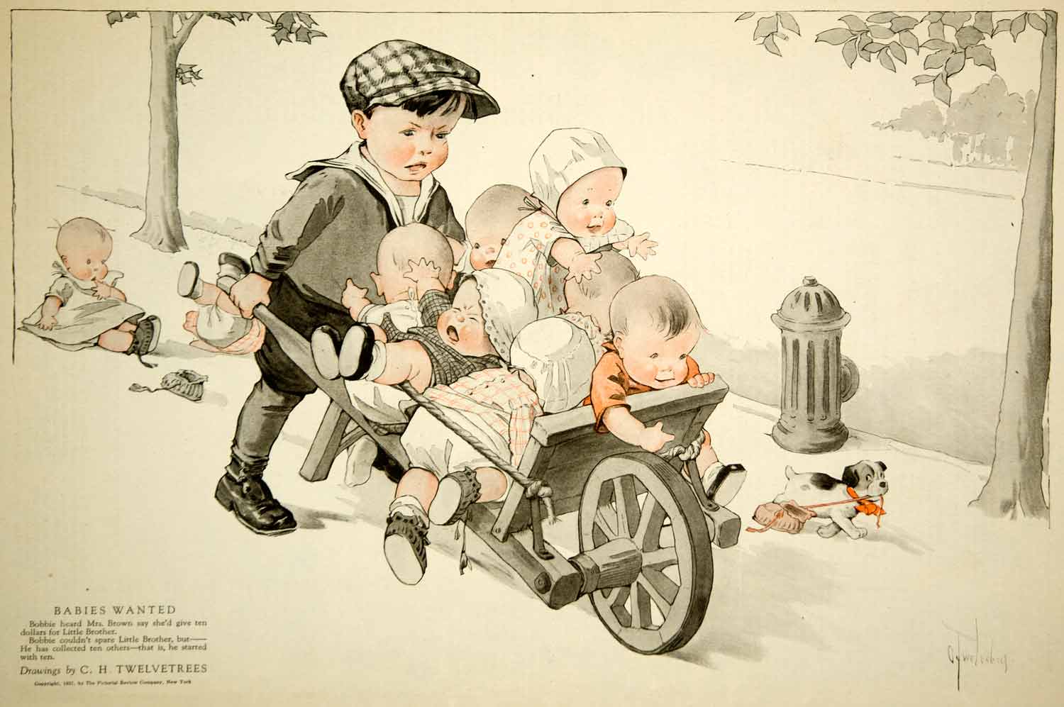 1921 Color Print Charles Twelvetrees Art Boy Selling Babies Infants Wheelbarrow