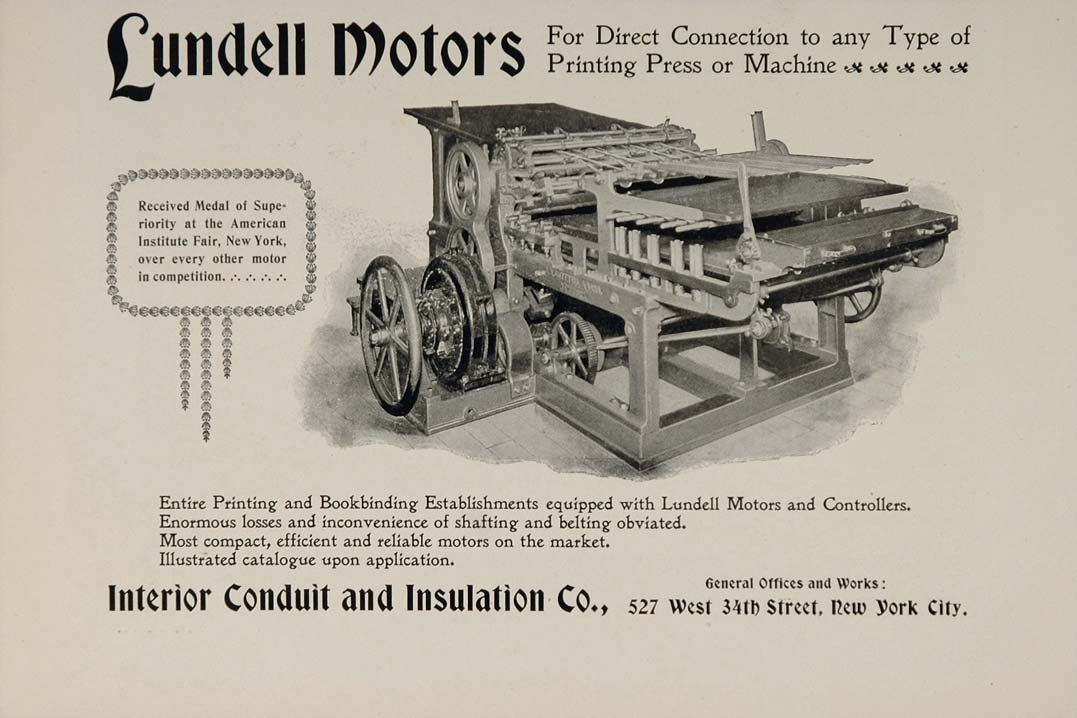 1897 Ad Lundell Motor Printing Press Interior Conduit - ORIGINAL ADVERTISING