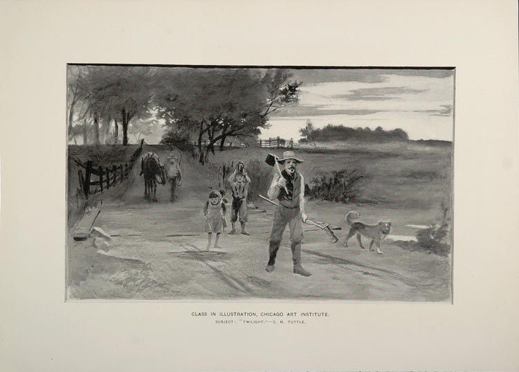 1897 Art Print Twilight Farmer Country Road C.M. Tuttle - ORIGINAL