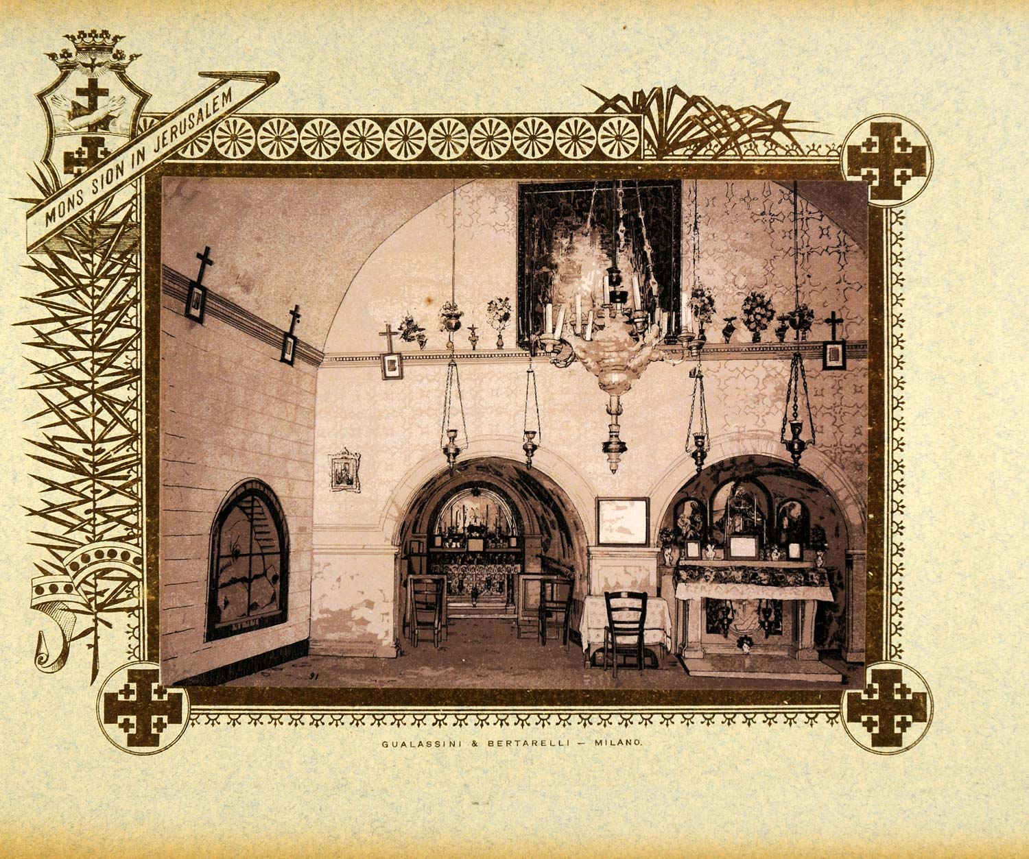 1893 Etching Ein Kerem Church Visitation Interior Altar - ORIGINAL PS3