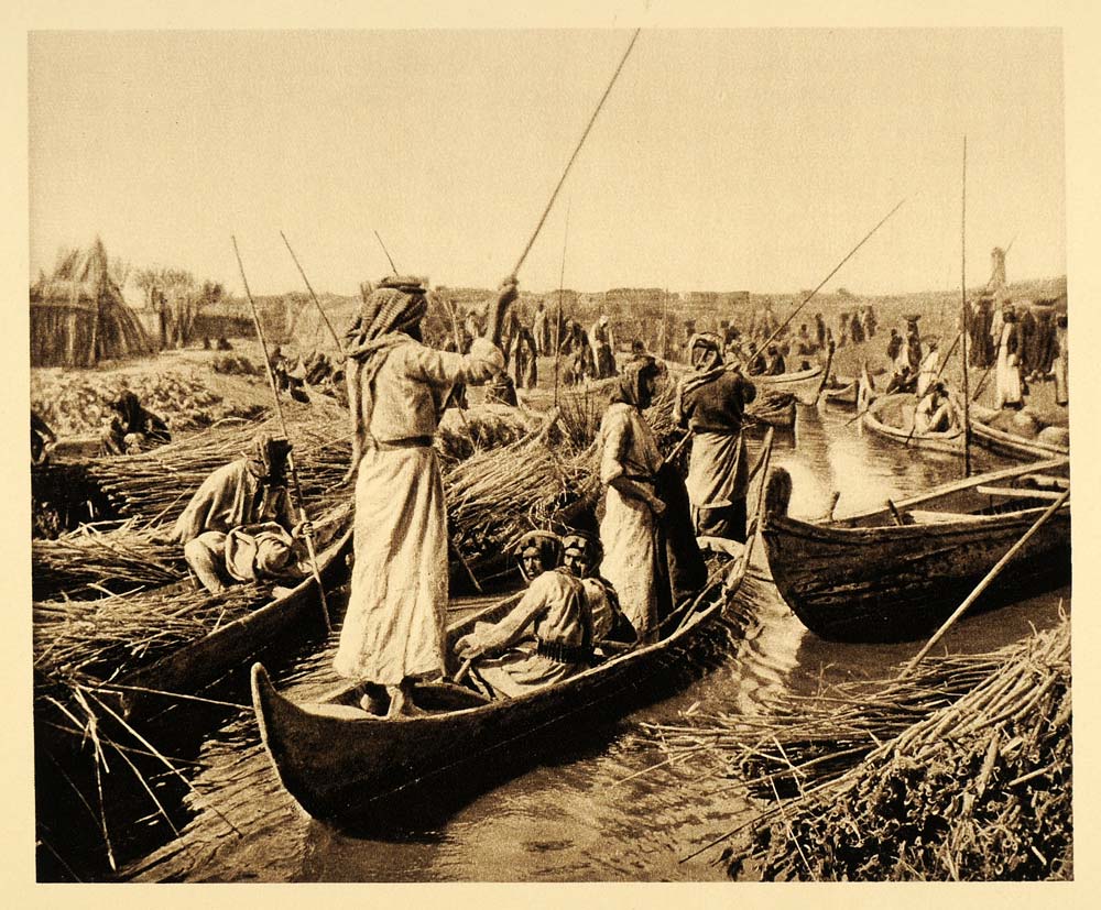 1925 Lower Euphrates River Canal Villagers People Boats - ORIGINAL PS6