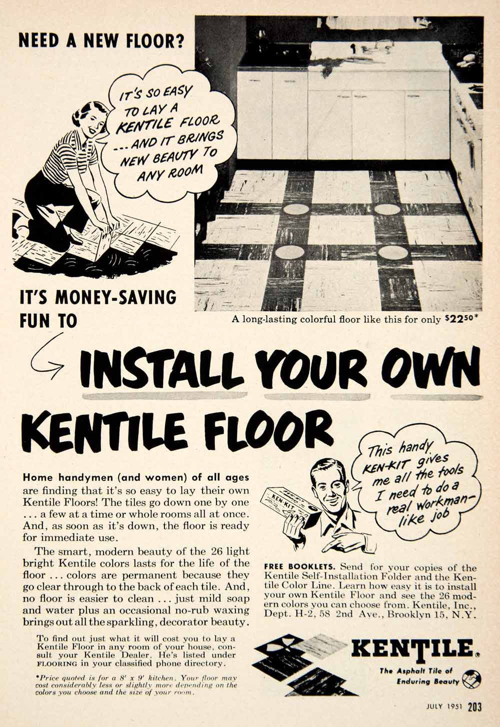 1951 Ad Kentile Floor Asphalt Tile Household Advertisement Brooklyn New PSC1