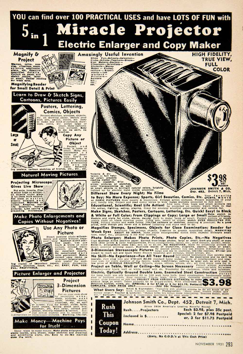 1951 Ad Miracle Projector Enlarger Copy Maker Johnson Smith Detroit PSC1