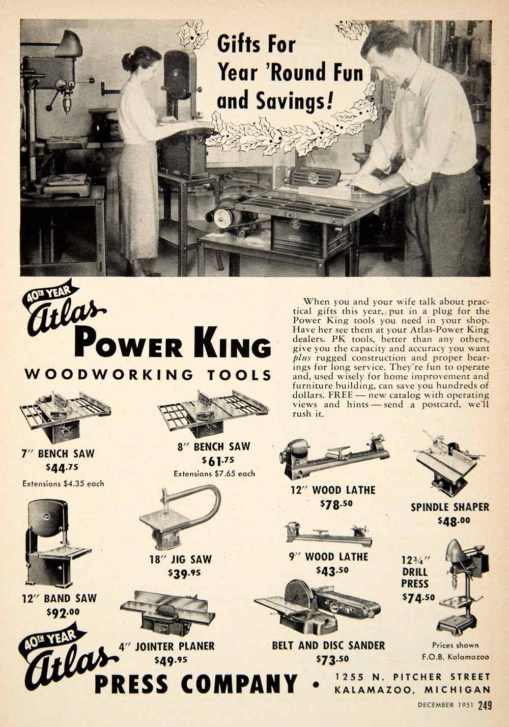 1951 Ad Atlas Press Woodworking Kalamazoo Michigan Wood Lathe Drill Press  PSC1