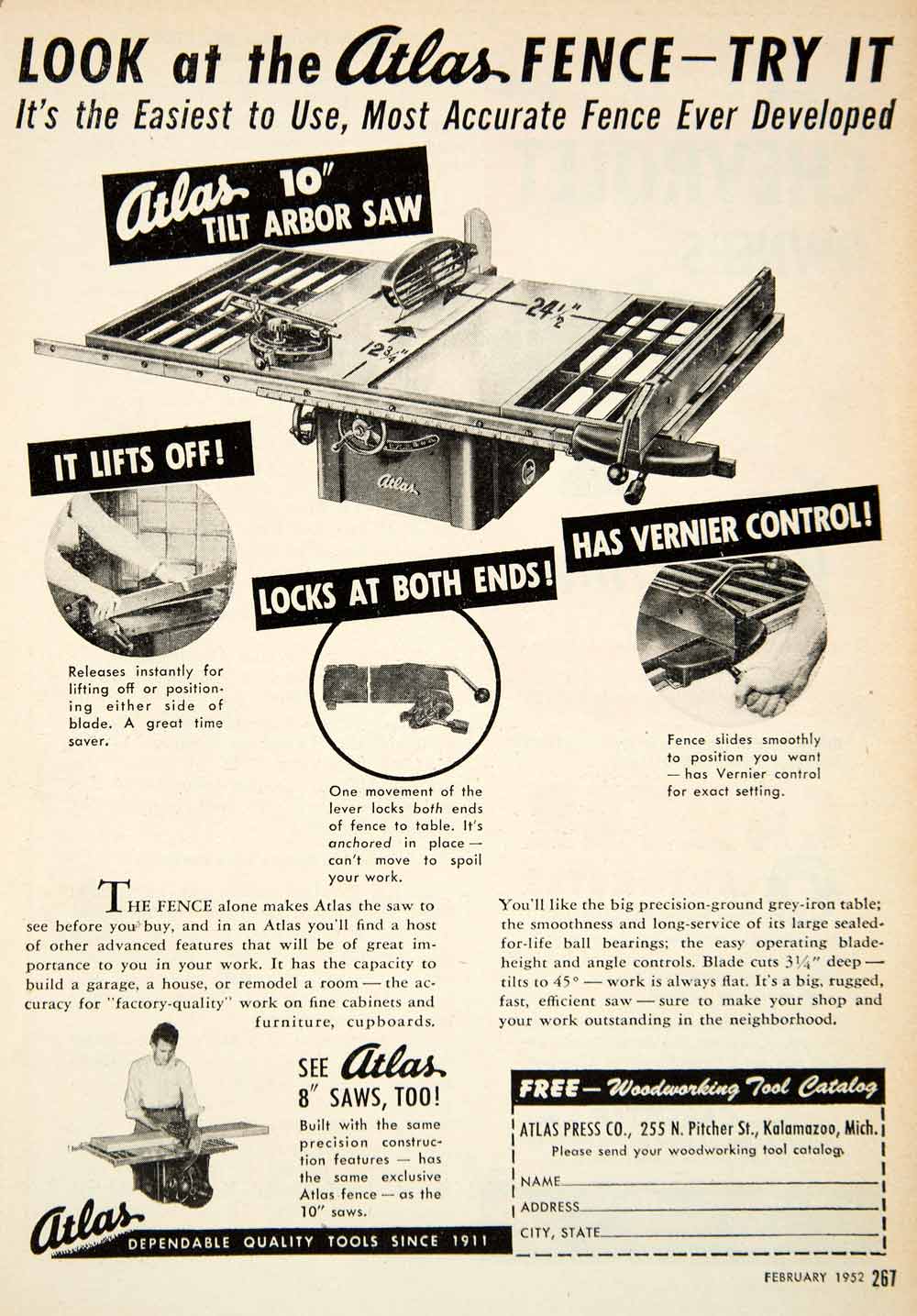 1952 Ad Atlas Arbor Saw Press Kalamazoo Michigan Tool Household Advertising PSC1