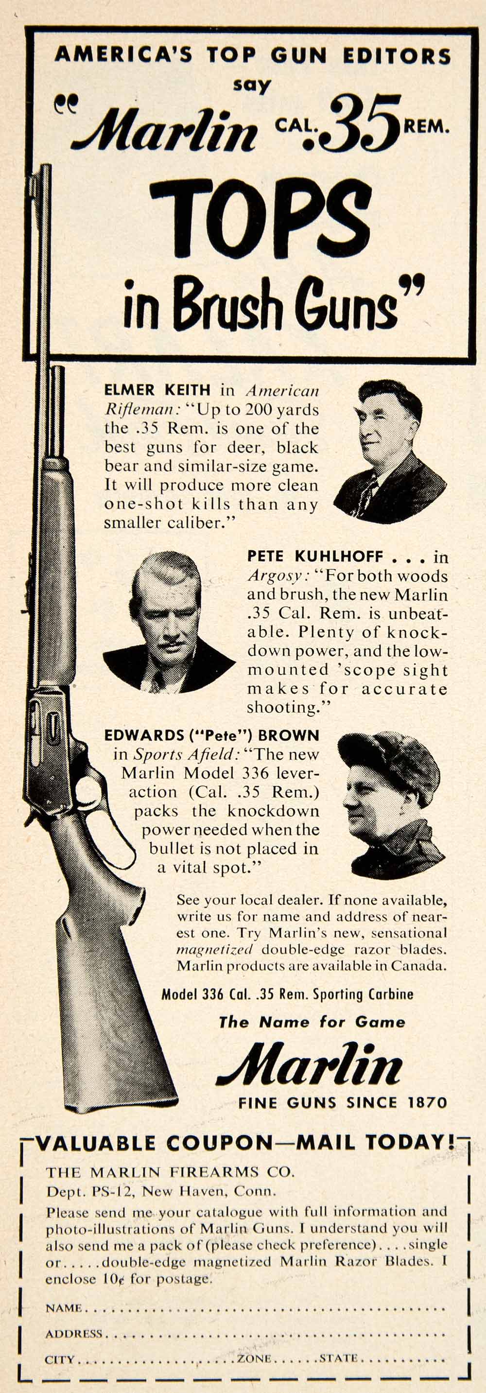 1951 Ad Marlin Firearms New Haven Rifle Gun Pete Kuhlhoff Elmer Keith PSC1