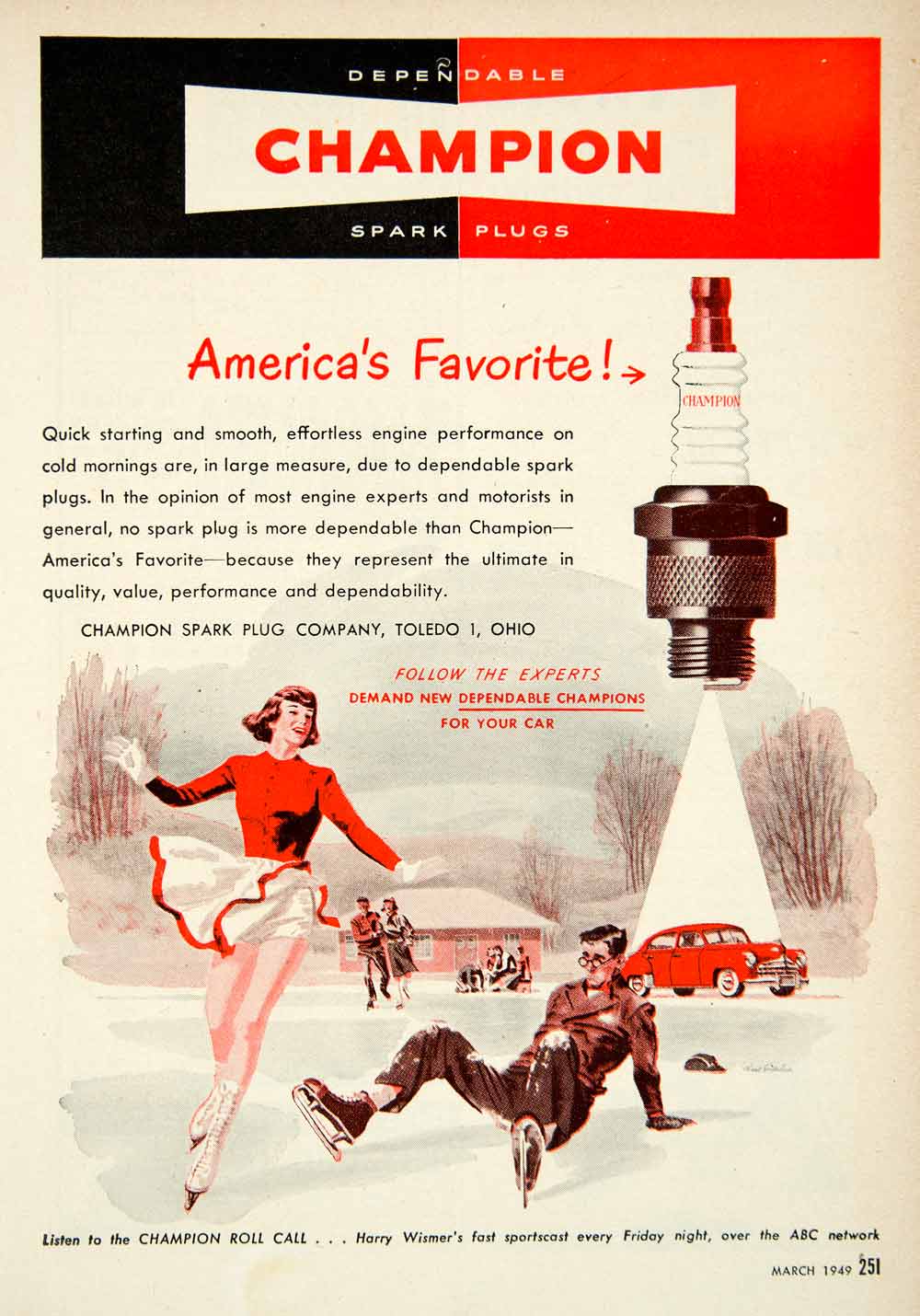 1949 Ad Champion Spark Plugs Toledo Skating Roll Call Harry Wismer ABC PSC2