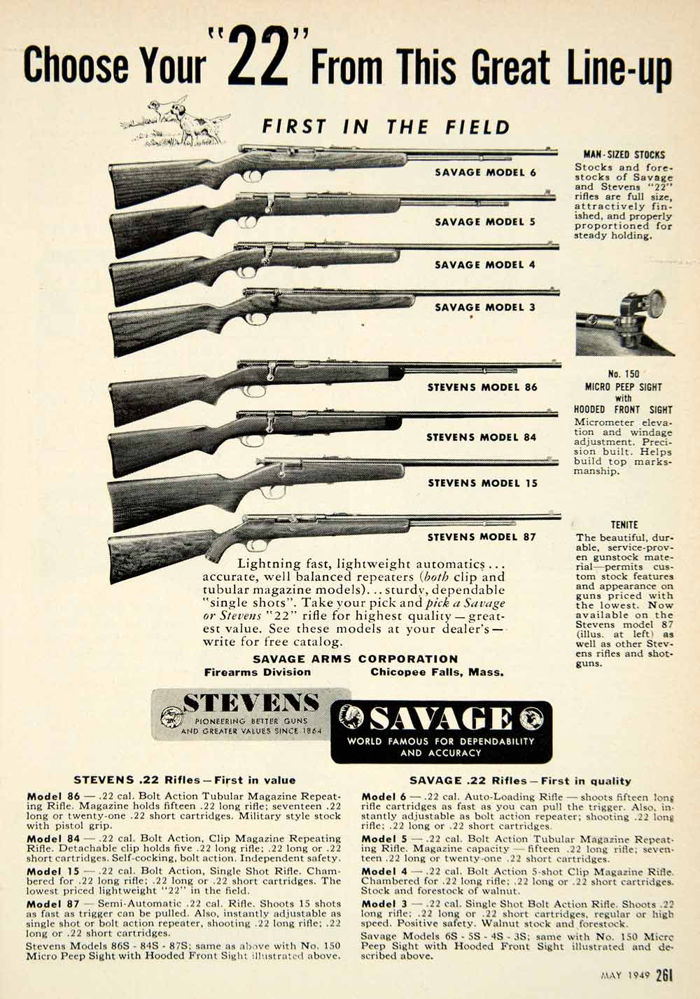 1949 Ad .22 Stevens Savage Rifle Bolt Action Gun Firearm Hunting