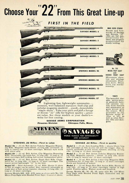 1949 Ad .22 Stevens Savage Rifle Bolt Action Gun Firearm Hunting