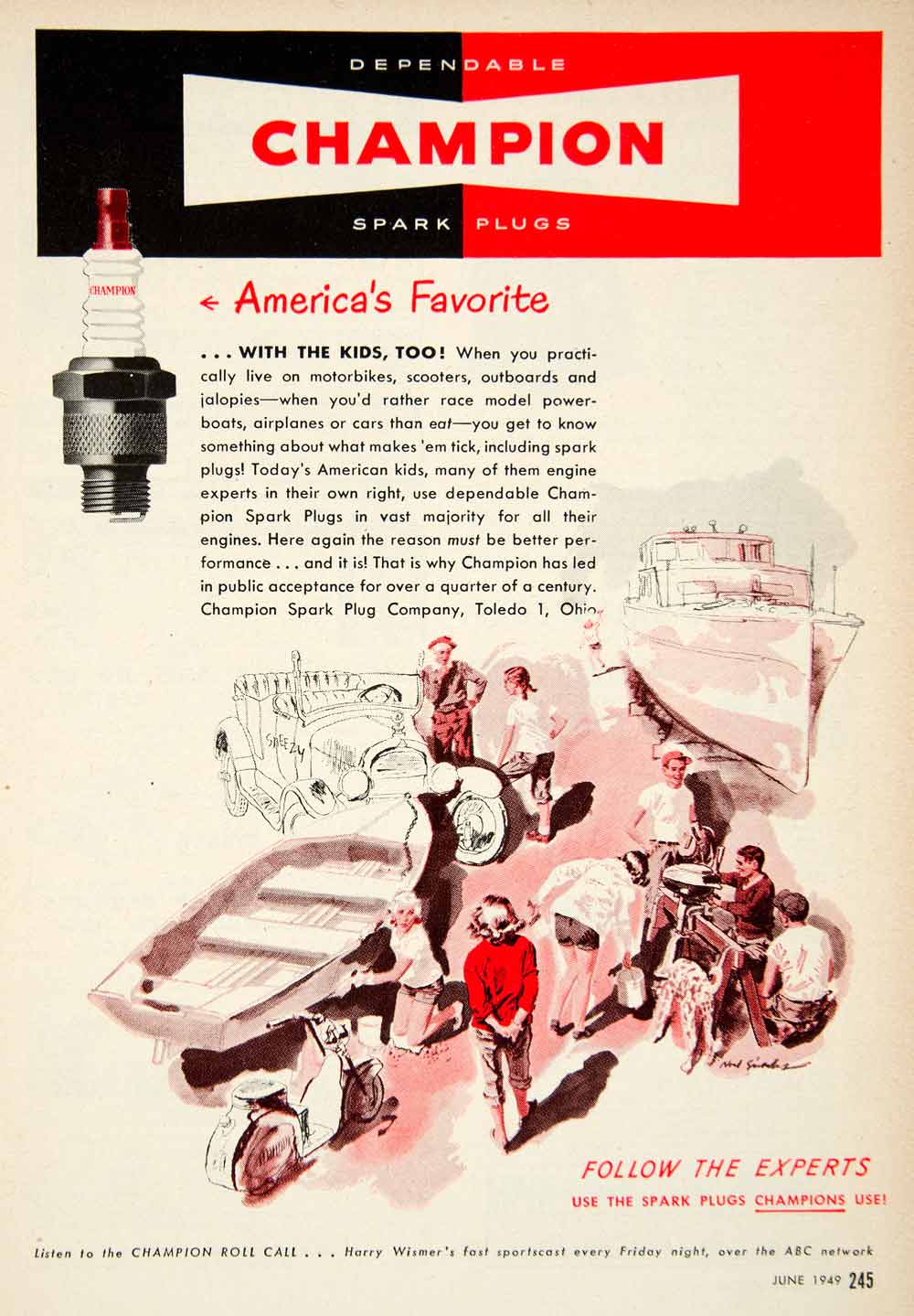 1949 Ad Champion Spark Plugs Harry Wismer Ship Boat Automotive Part Roll PSC2