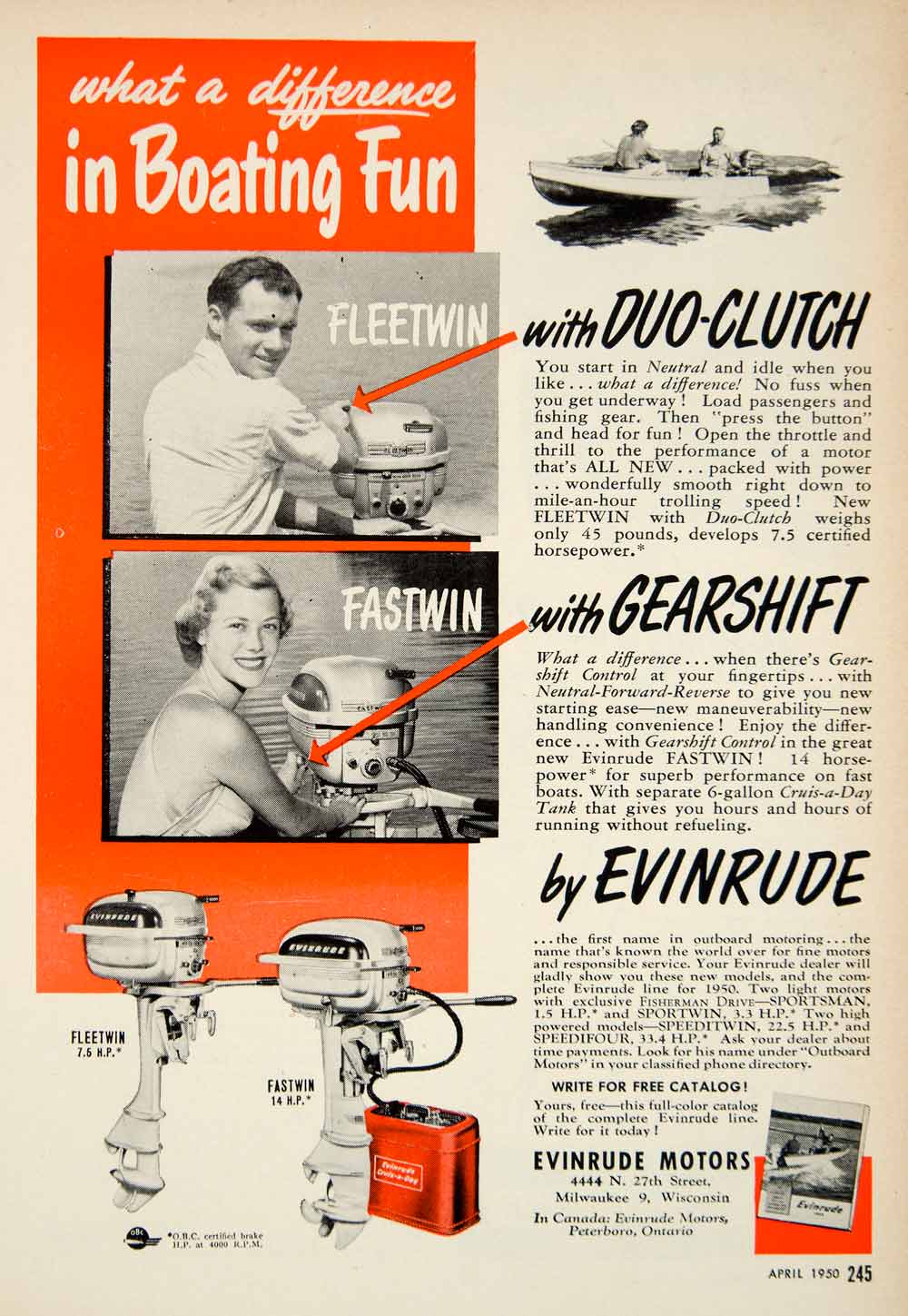 1950 Ad Fastwin Fleetwin Evinrude Motor Boat Duo-Clutch Gearshift 4444 N PSC2