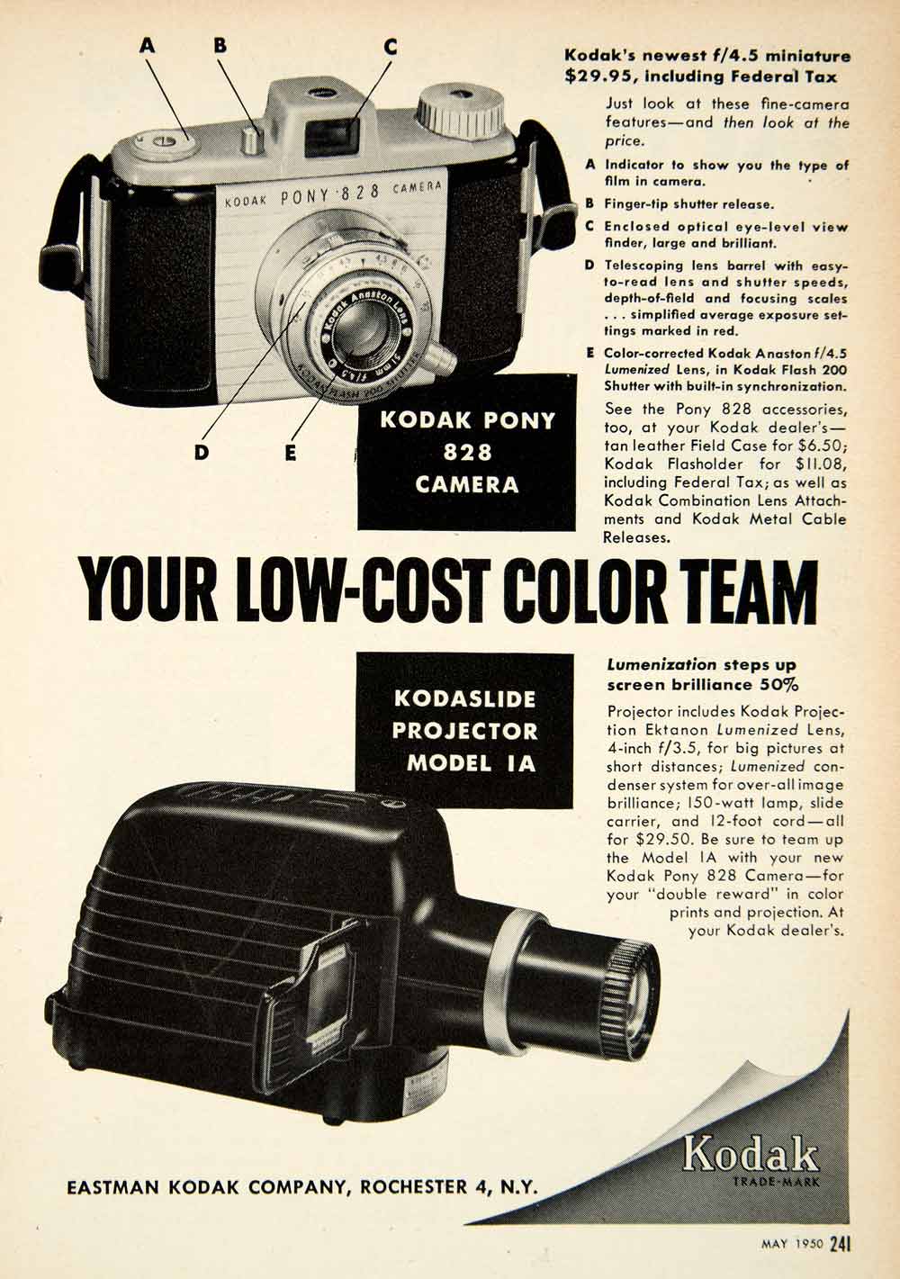 1950 Ad Kodak Pony Kodaslide Projector Eastman 828 Anaston Ektanon PSC2