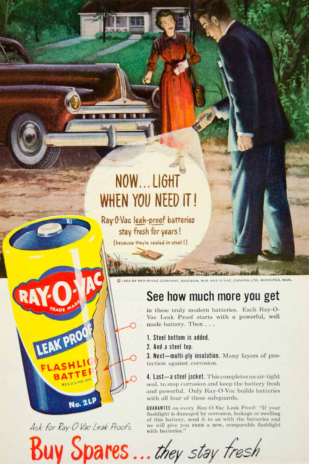 1950 Advert Ray-O-Vac Flashlight Batteries Leak Proof Car Keys Charged PSC2