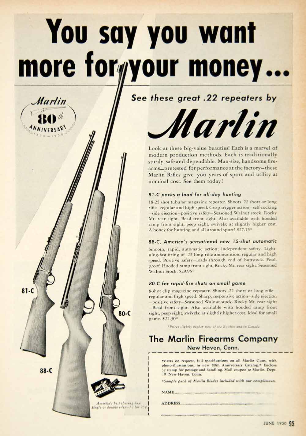1950 Ad Marlin .22 Repeating Rifle Gun Firearms 80th Anniversary 81-C 80-C PSC2