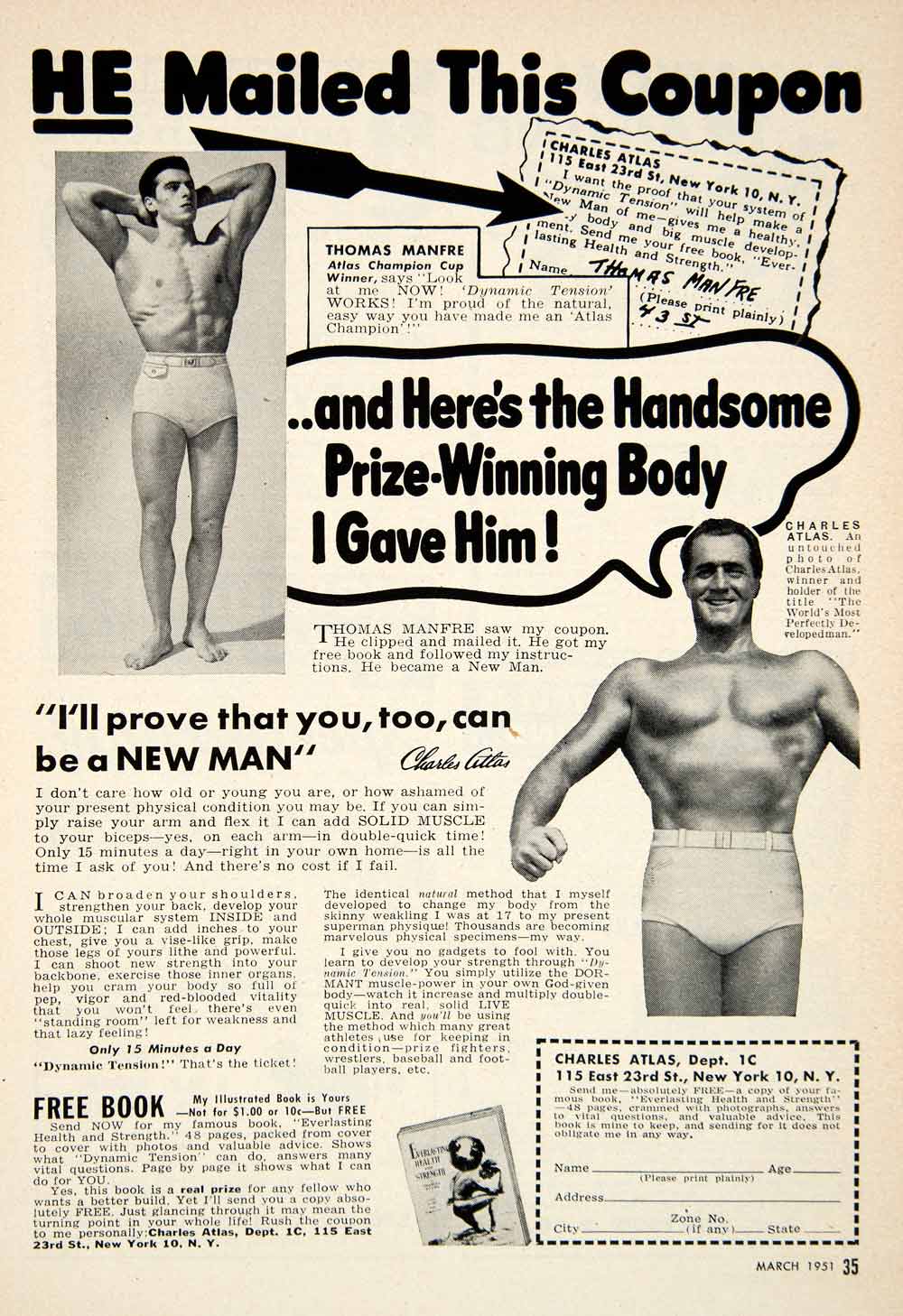 1951 Ad Charles Atlas Bodybuilding Self Improvement Muscles 115 East 23rd PSC2