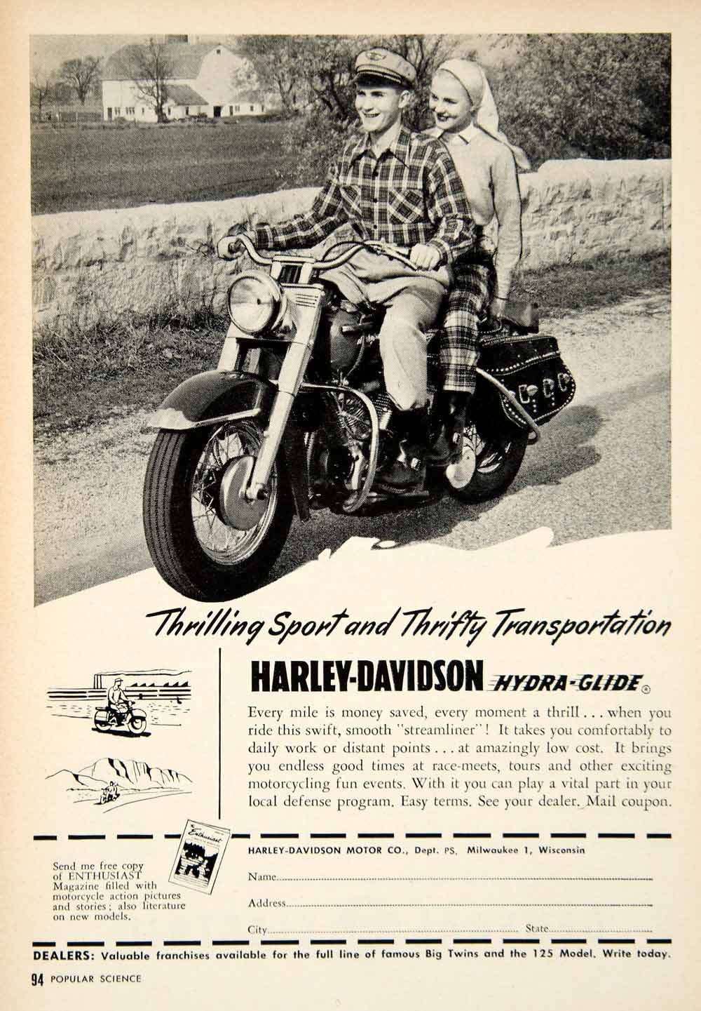 1951 Advert Harley-Davidson Hydra-Glide Motorbike Motorcycle Ride Milwaukee PSC2