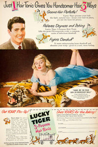 1952 Advert Pin-Up Lucky Tiger Hair Tonic 2901 Fairmount Avenue 3-Purpose PSC2