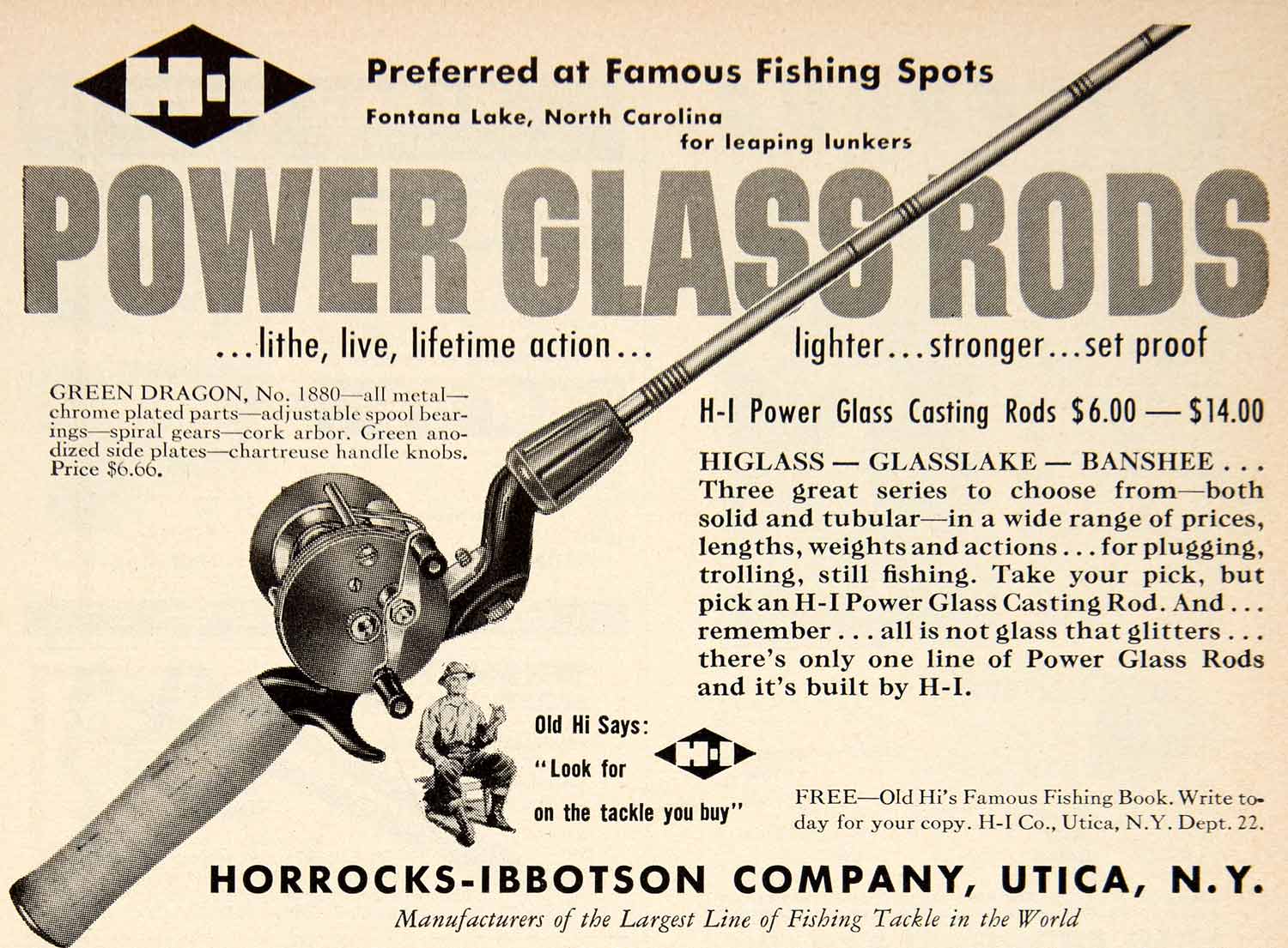 1953 Ad Power Glass Rods Fishing HOrrocks-Ibbotson Utica Old Hi Banshe Period Paper Historic Art LLC 1953 Ad Power Glass Rods Fishing HOrrocks-Ibbotson Utica Old Hi Banshe Period Paper Historic Art LLC