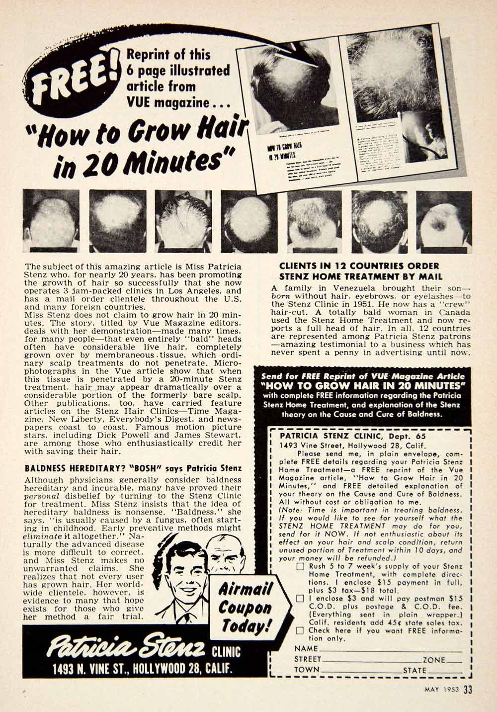 1953 Ad Patricia Stenz 1493 Vine Street Hollywood Hair Regrowth Treatment PSC2